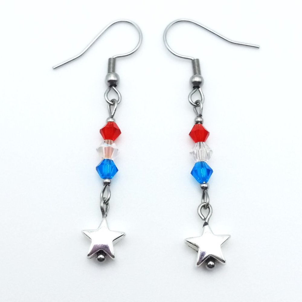 Patriotic Red White Blue USA Star Dangle Drop Earrings Handmade Jewelry